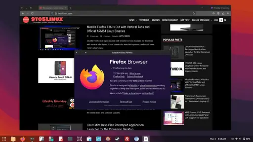 Screenshot of Firefox 137 beta showing the 9to5linux.com website and the About Mozilla Firefox dialog.