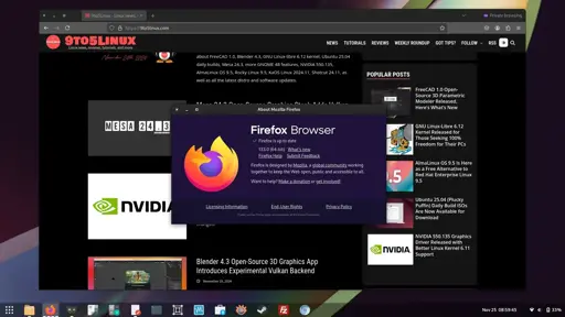 Screenshot of Mozilla Firefox 133 showing the 9to5linux.com website and the About Mozilla Firefox dialog.