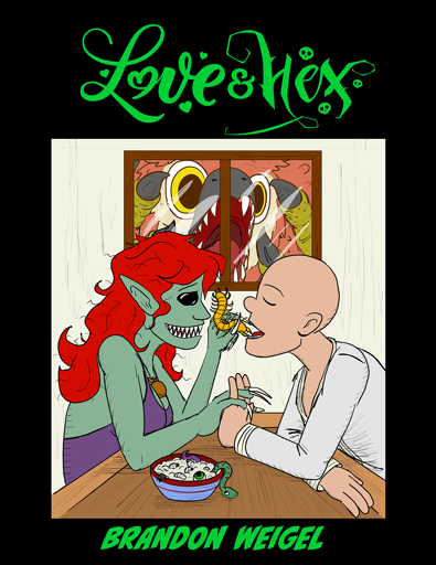 The cover of Love and Hex Volume 1, depicting Kayra feeding Singing Cricket a centipede, with Charlie in the background, his face pressed against the window.