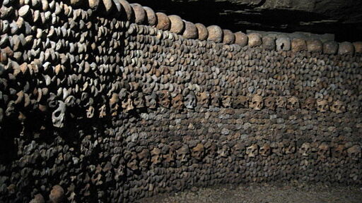 A wall with skulls embedded into it, from the catacombs of Paris