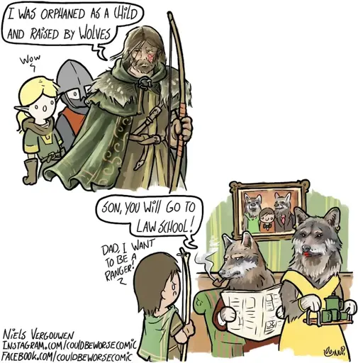 An image of a rugged-looking man with a bow. He says "I was orphaned as a child and raised by wolvVergouwene two adventurers look upon him from behind, one saying "wow". There's another image showing his childhood. He's indoors with an 1950s-American-style father wolf wearing a sweater and smoking a pipe and reading the newspaper, and 1950s-American-style mother wolf with a dress, lipstick, and teaset. There's a framed family photo of him and the wolf parents on the wall. The child says “Dad, I want to be a ranger!” while the father wolf says “Son, you will go to law school!”  In the corner is attribution to the artist Niels Vergouwen, and links to his online presences: Instagram.com/couldbeworsecomic and Facebook.com/couldbeworsecomic