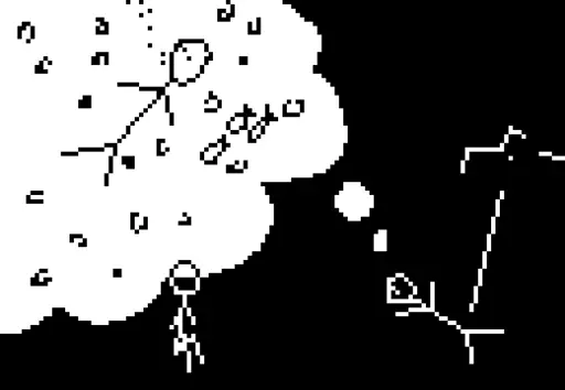 It's dark. Next to Squarrel, someone is sleeping face down. A thought bubble containing her dream takes up half the panel. In the dream, she's submerged deep underwater, there are three fish swimming to the right. A sitting person's head intersects the dream bubble. 