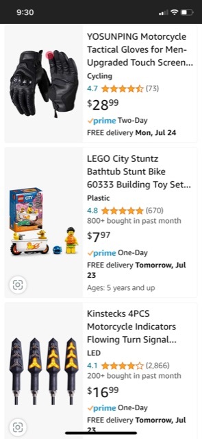 Weird Lego showed up on page 2 of Amazon results when I searched for “motorcycle”