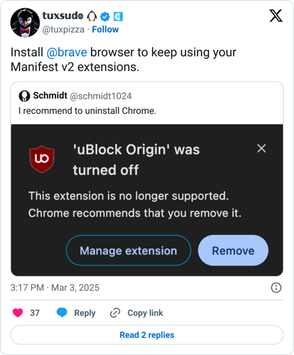 Install @brave browser to keep using your Manifest v2 extensions.