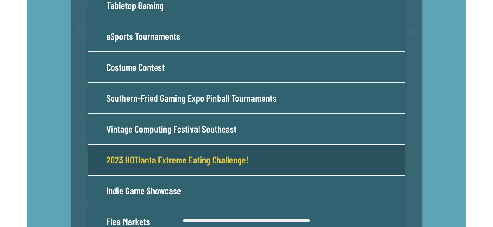 screenshot of the expo’s website menu highlighting the “Extreme Eating Challenge”