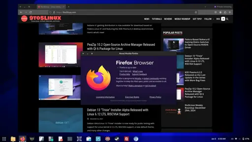Screenshot of Mozilla Firefox 134 showing the 9to5linux.com website and the About Mozilla #Firefox dialog.