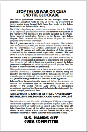 Image of a leaflet with the headline reading: 
STOP THE US WAR ON CUBA
END THE BLOCKADE
to read the rest of the text, open the file at this URL: 
https://drive.proton.me/urls/RQFR79X4T4#yJjvyxjoYyUQ